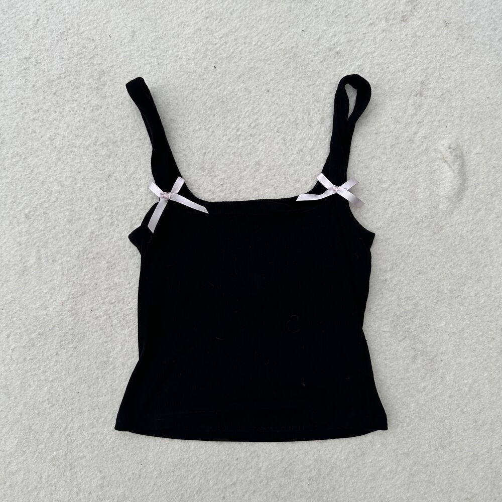 Edikted Lola Ribbed Tank Top Women's Size S Black Double Bow Cami Square Neck